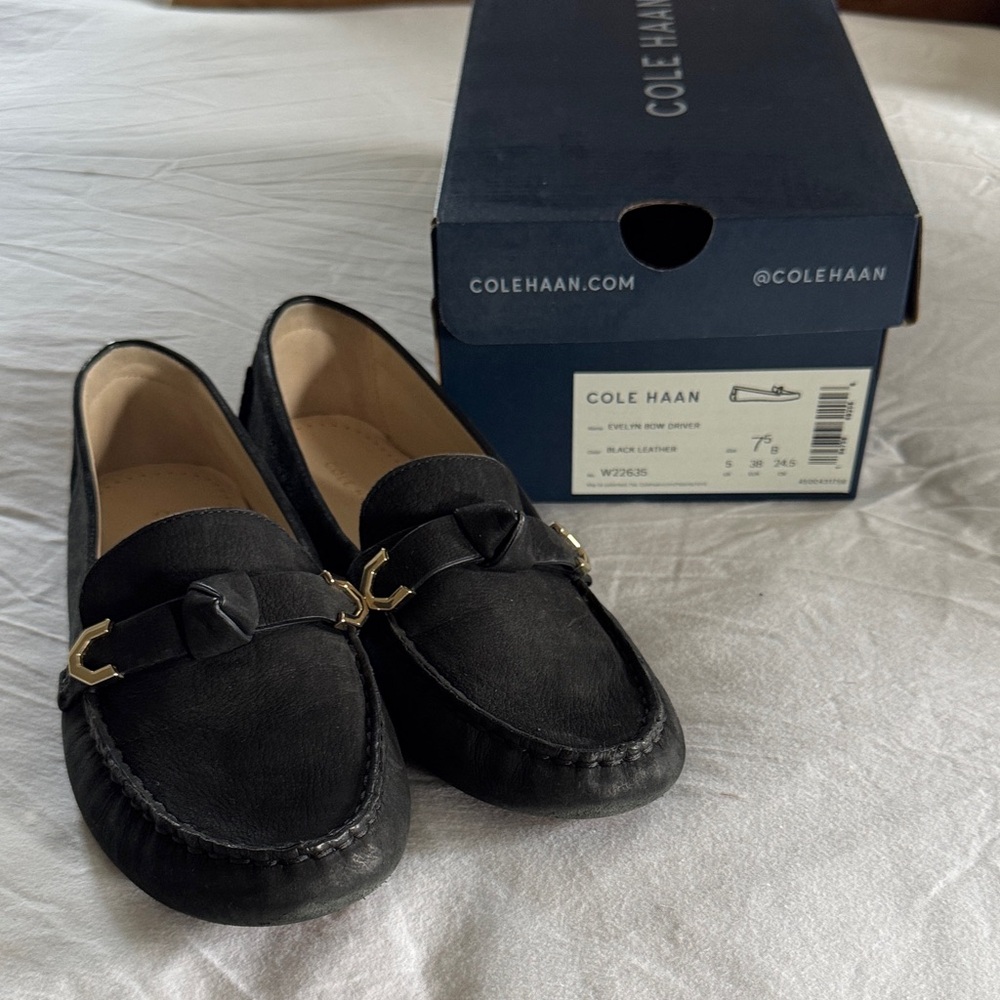 Cole Haan Black Leather Bit Loafers with Gold Accent